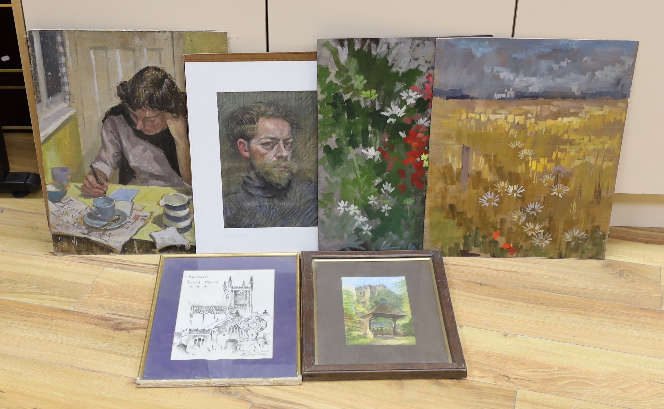 Michael Lawrence Cadman (1920-2010), five oils on board, Landscapes and figure studies, unfinished sketches, together with two watercolours and a pastel portrait, largest 51 x 41cm, mostly unframed